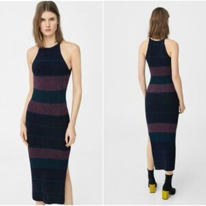 Mango Blue and purple metallic bodycon color-block sweater dress XS